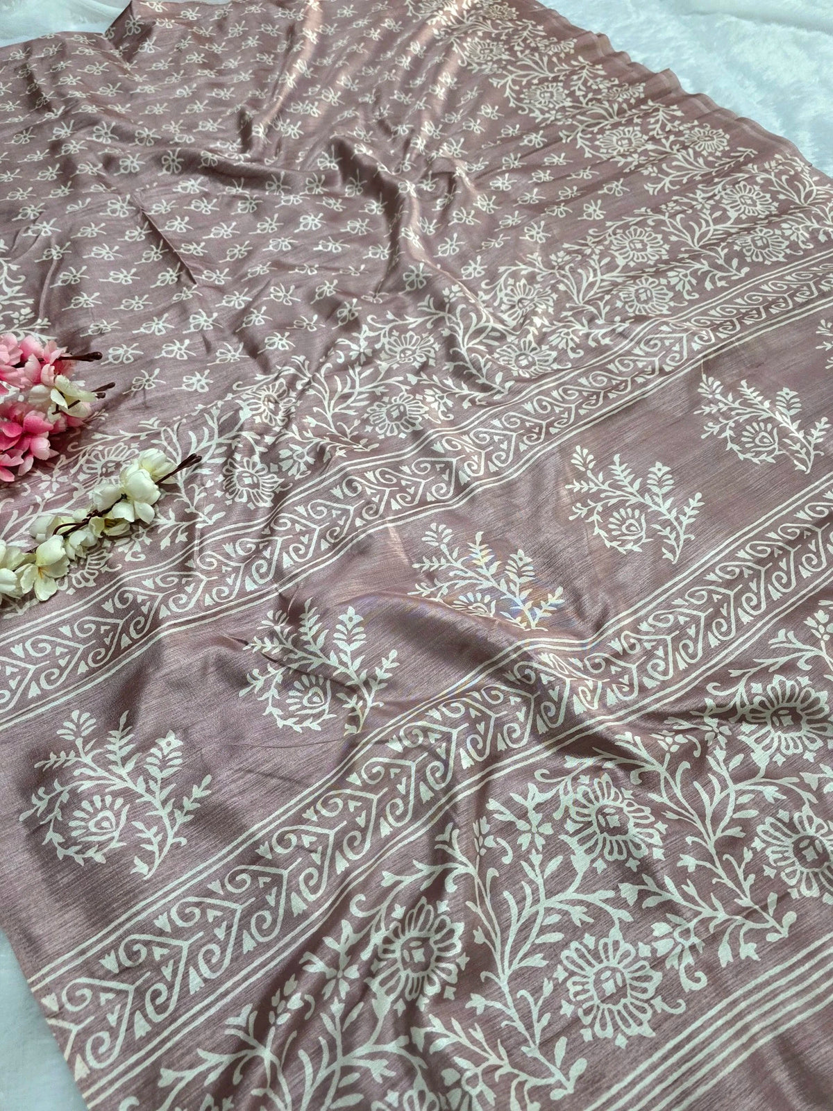 KS121 Semi Dola Silk Block Print Saree - Dusty Pink