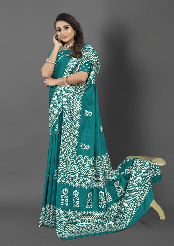 911007 Very Soft and Premium Looking Semi Dola Silk Batik Print Saree - Teal