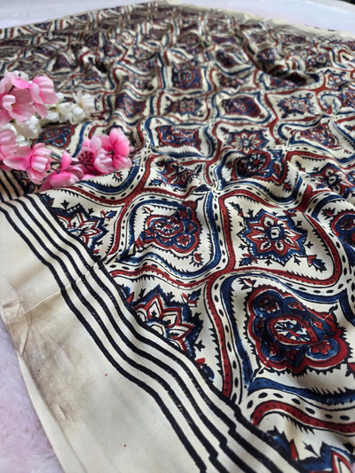 CA0735 Pure Modal Silk Ajrakh Natural Dye Saree Cream