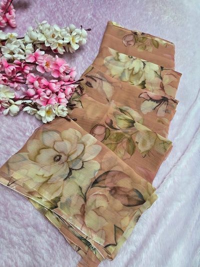103901 Lightweight Elegant Semi Chiffon Flower Print Saree - Dusty Peach