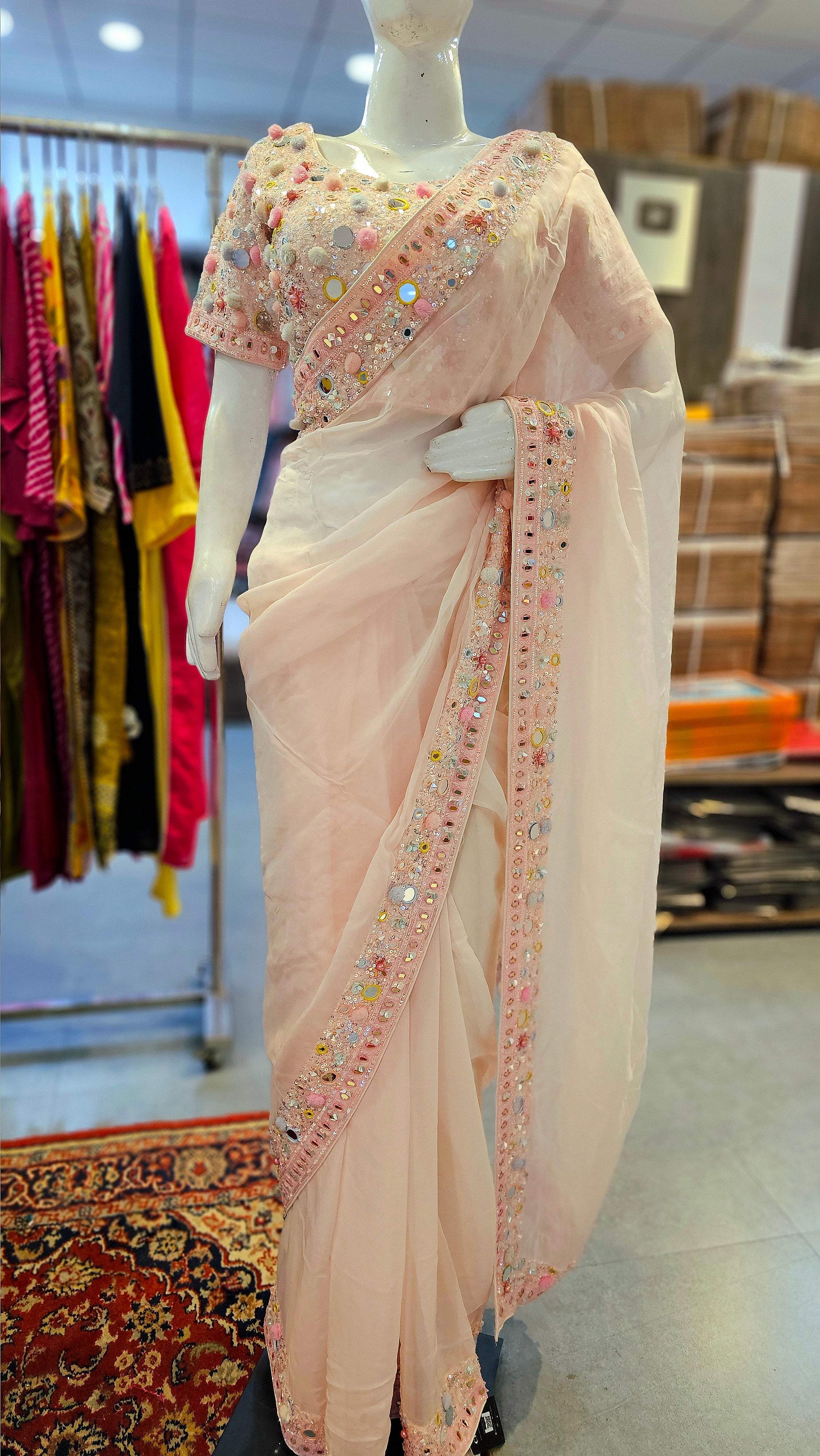 9327 Stylish Organza Saree with Handwork & Heavy Designer Blouse