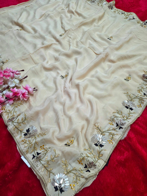 909002 Premium Pure Chinon Silk Saree with Hand Work