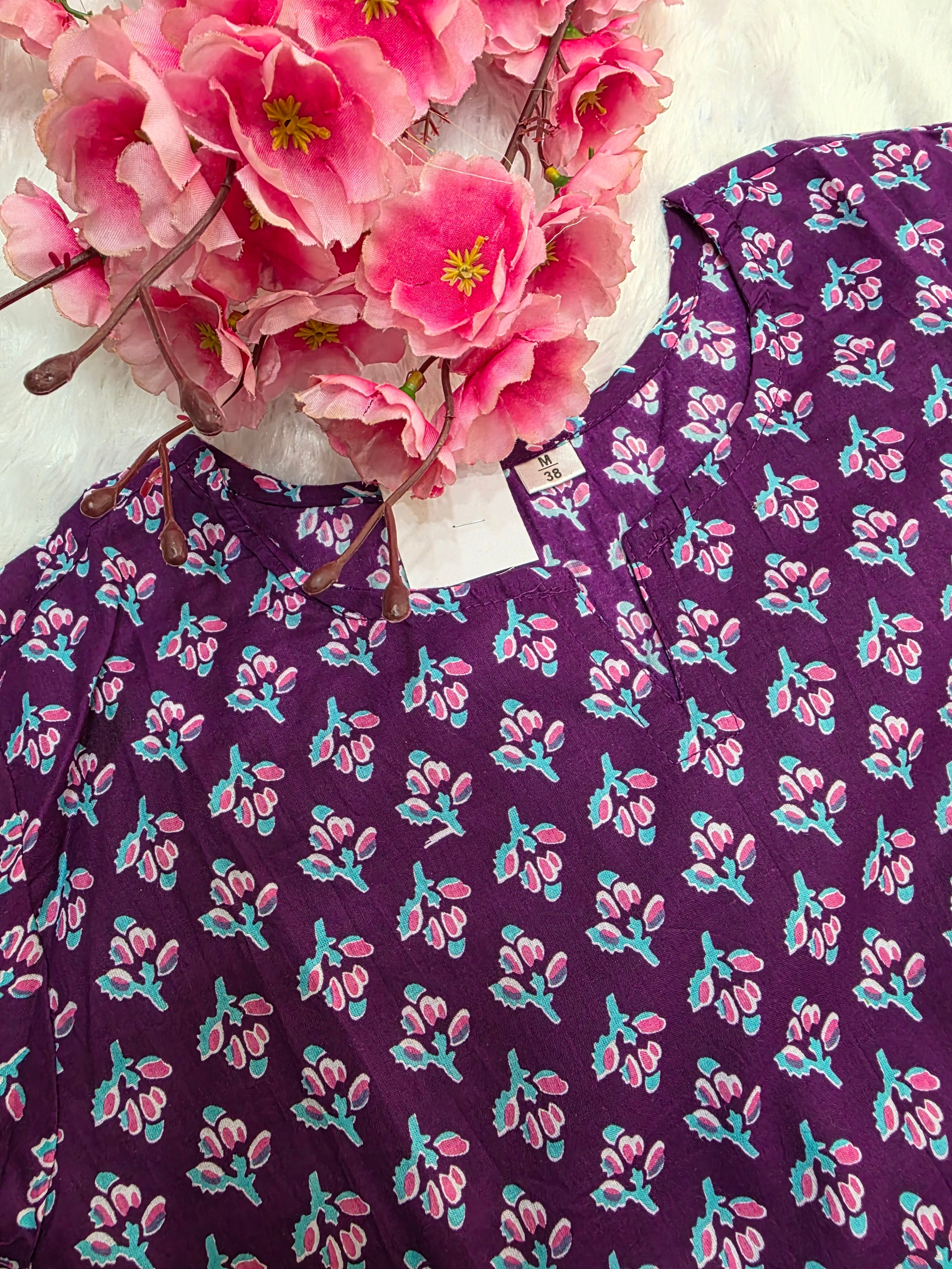 1758 Pure Cotton Hand Block Printed Shot Kurtis (Purple)