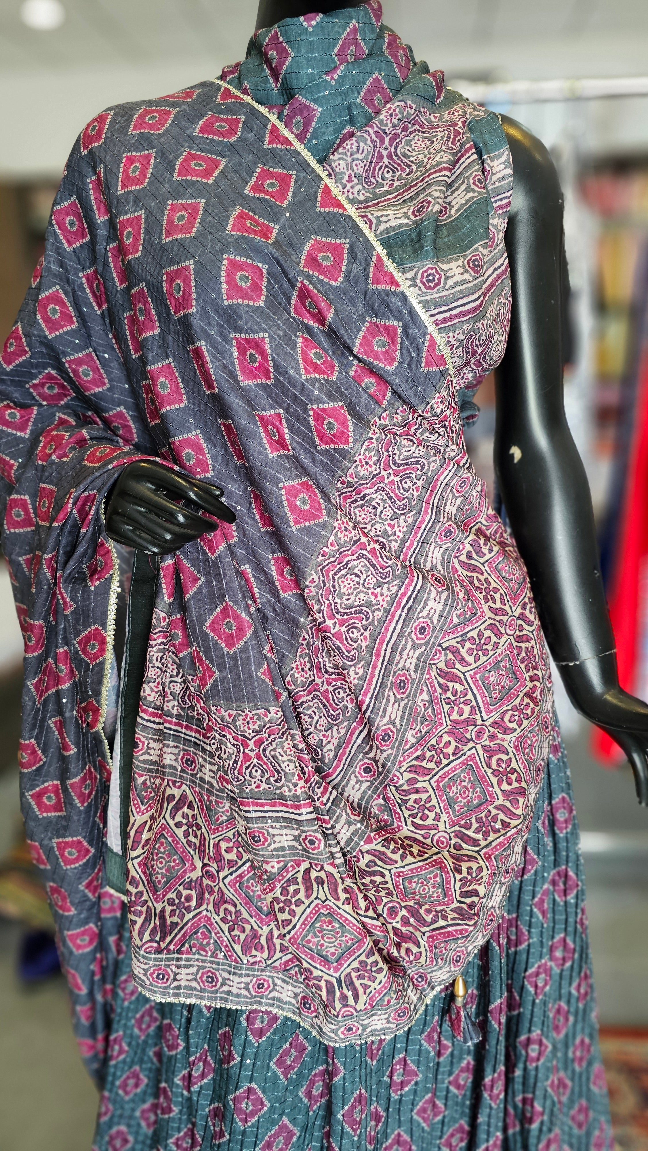 156008 Ajrakh Lehanga with Heavy Dupatta Set  and Sequence Work on All Over Lehanga