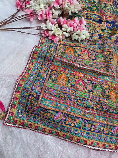 1058 Royal Kashmiri Pashmina Saree with Designer Stitched Blouse - Blue