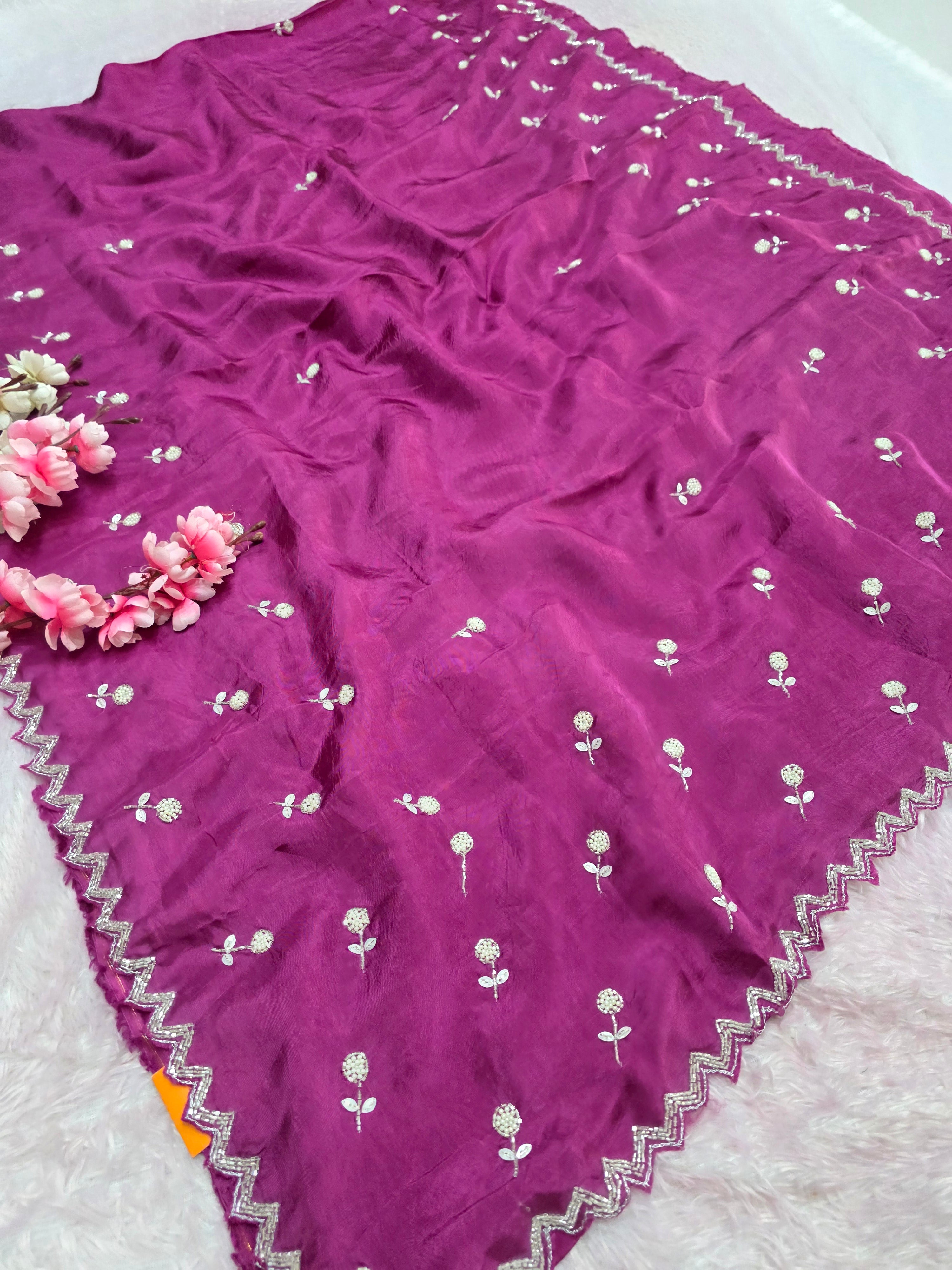 103704 Pure Upada SIlk Designs Party Wear Saree with Pearl and Cutdana Work - Purple
