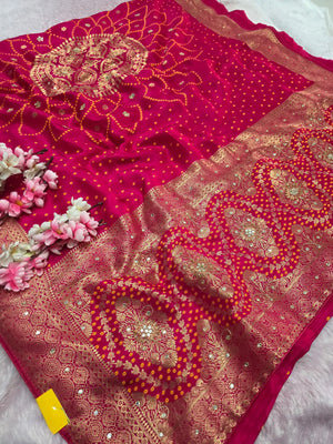 5060 Pure Upada Silk Bandhani Saree with Handwork - Rani