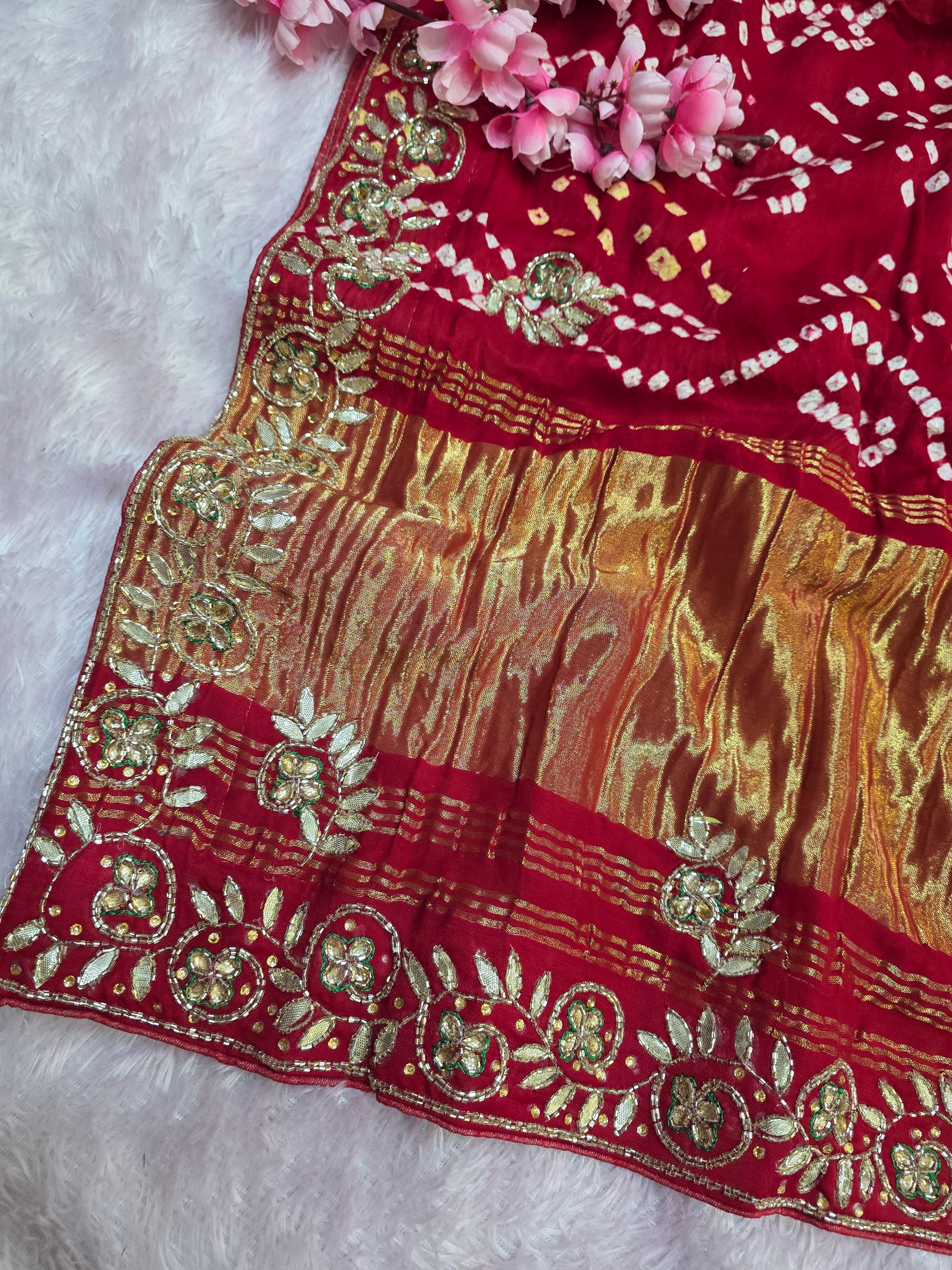 967004 Traditional Semi Gajji Silk Bandhani Saree with Hand Gota Patti Work - Red