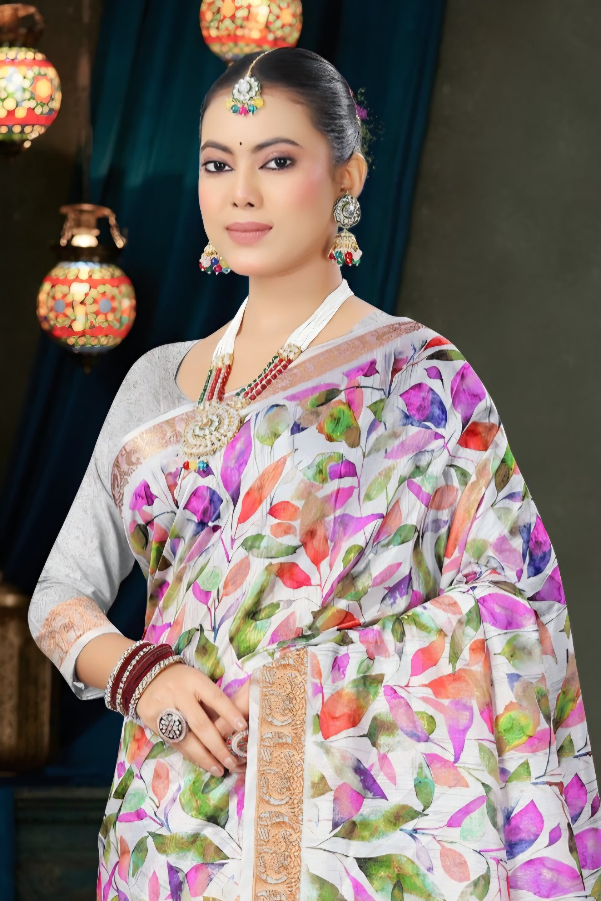 982004 Bollywood Style Soft Crepe Silk Flower Print Saree with Zari Weaving Border