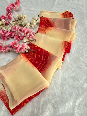 CA1486 Lightweight Elegant Semi Chiffon Bandhani Print Saree - Cream red