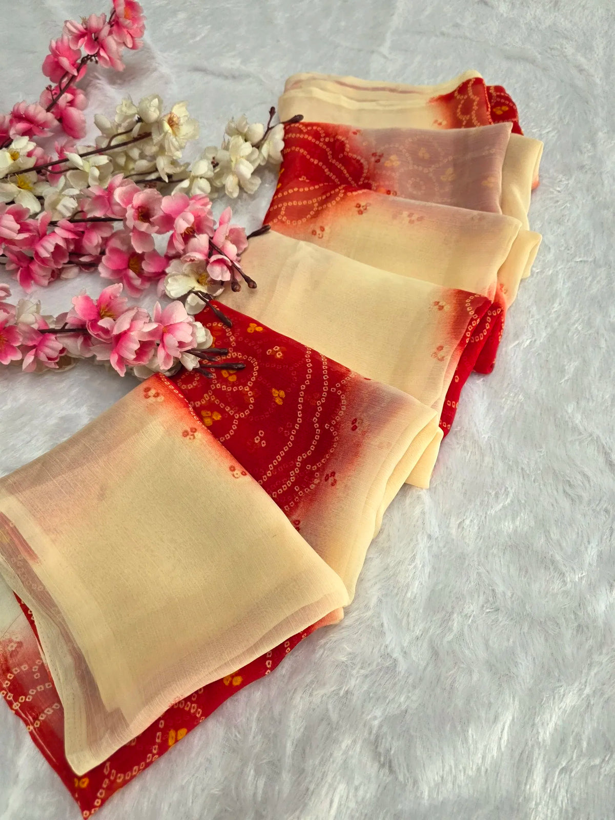 CA1486 Lightweight Elegant Semi Chiffon Bandhani Print Saree - Cream red