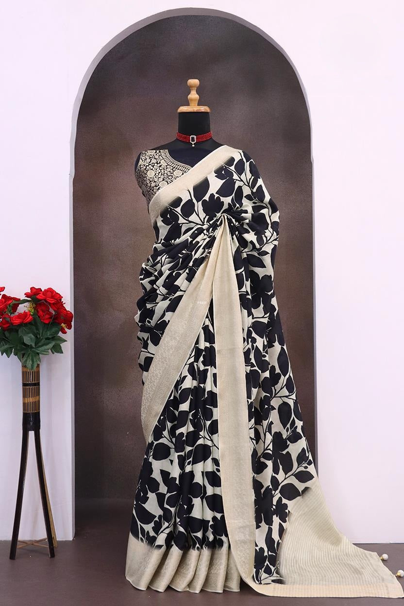 996001 Beautiful Pure Maslin Silk Traditional Print Saree with Zari Weaving Border and Heavy Brocket Blouse