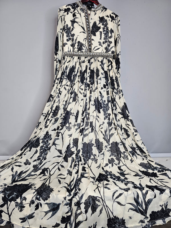 1654 Premium Chinon Silk Printed Gown with Cutdana work on Neck and Heavy Belt