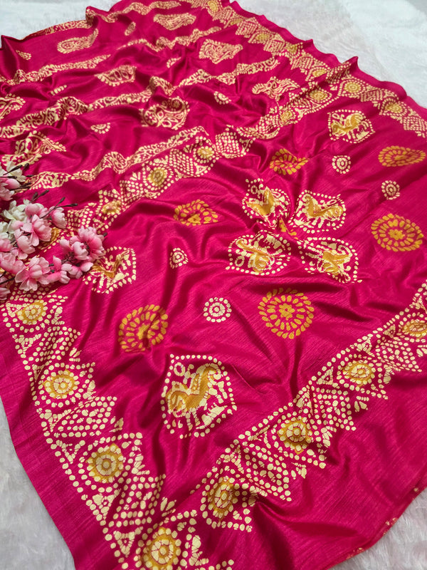 911005 Very Soft and Premium Looking Semi Dola Silk Batik Print Saree - Rani