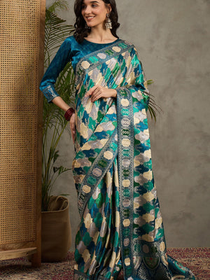 938004 Royal Kashmiri Pashmina Silk Blue White Saree with Heavy Blouse