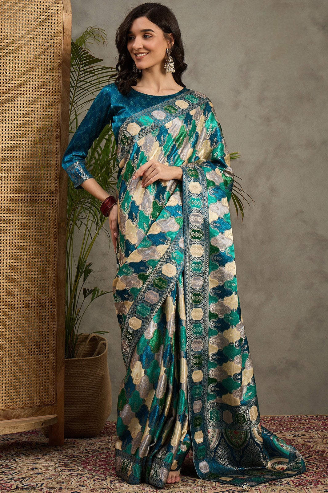 938004 Royal Kashmiri Pashmina Silk Blue White Saree with Heavy Blouse