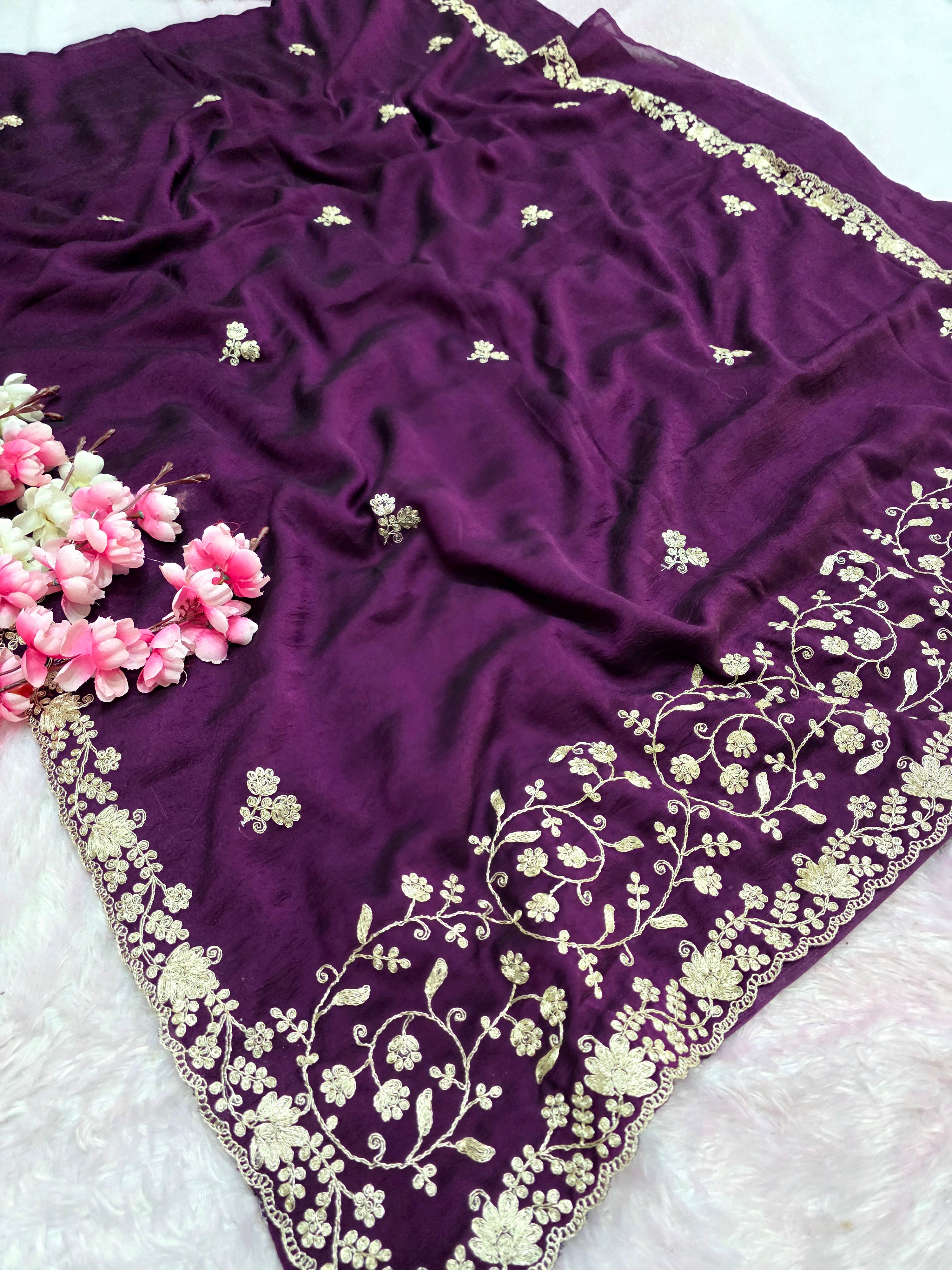 969002 Designer Party Wear Art Silk Fancy Saree with Pita Work - Purple (Brinjal)