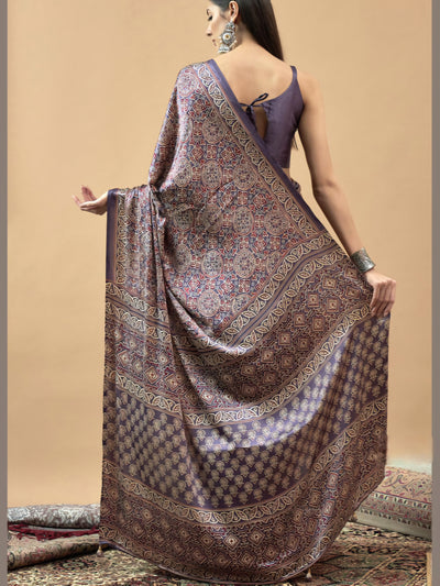 740006 Traditional Ajrakh Print Semi Modal Silk Saree - Purple