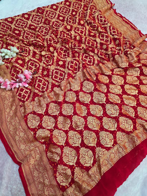 CA1530 Pure Georgette Hand Rai Bandhani Red Color Saree