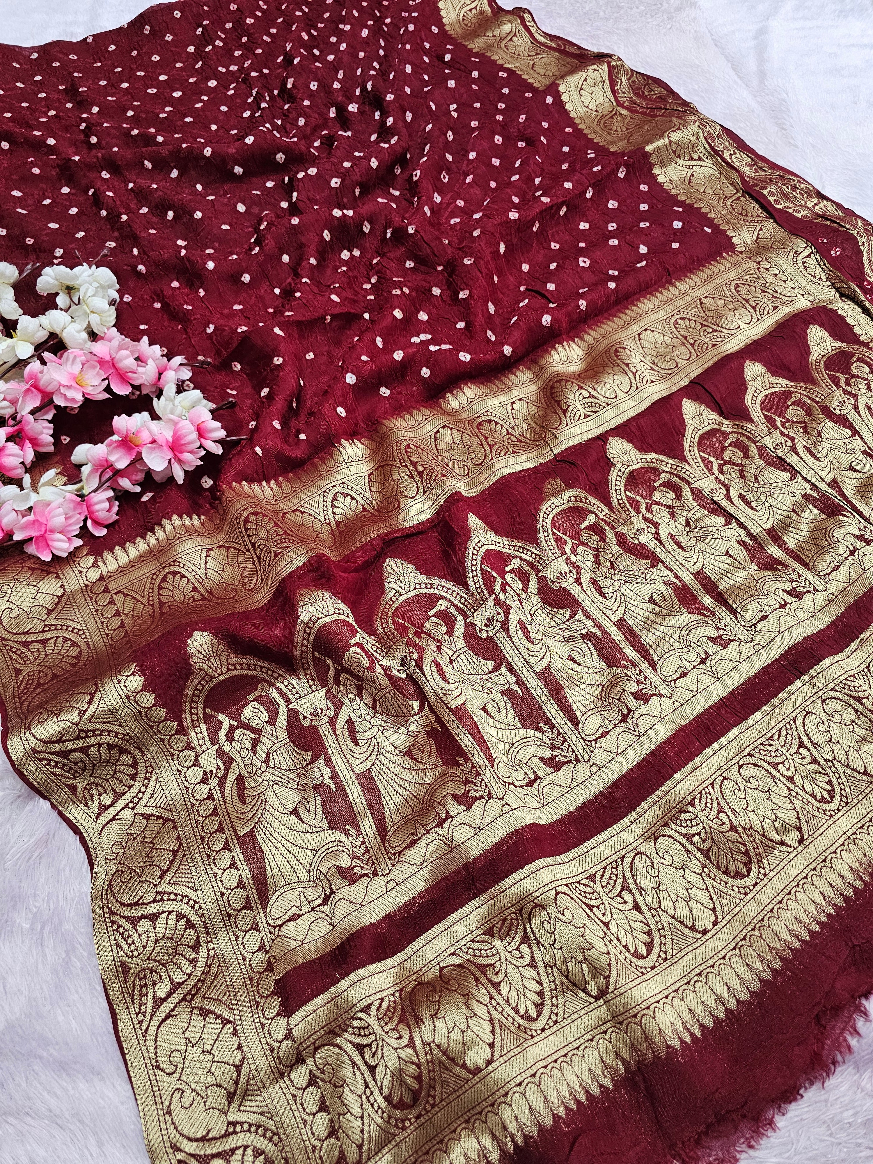 101801 Traditional Bandhani Saree with Banarasi Weaving Pallu and Border - Maroon