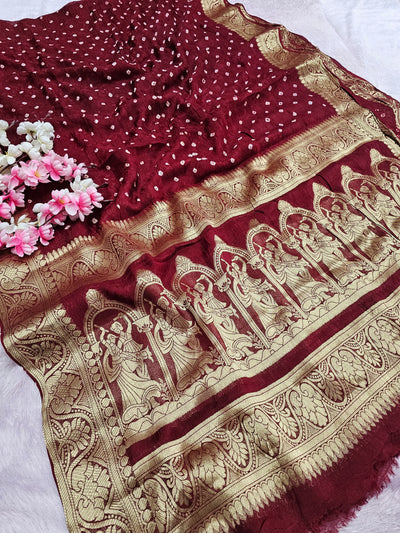 101801 Traditional Bandhani Saree with Banarasi Weaving Pallu and Border - Maroon