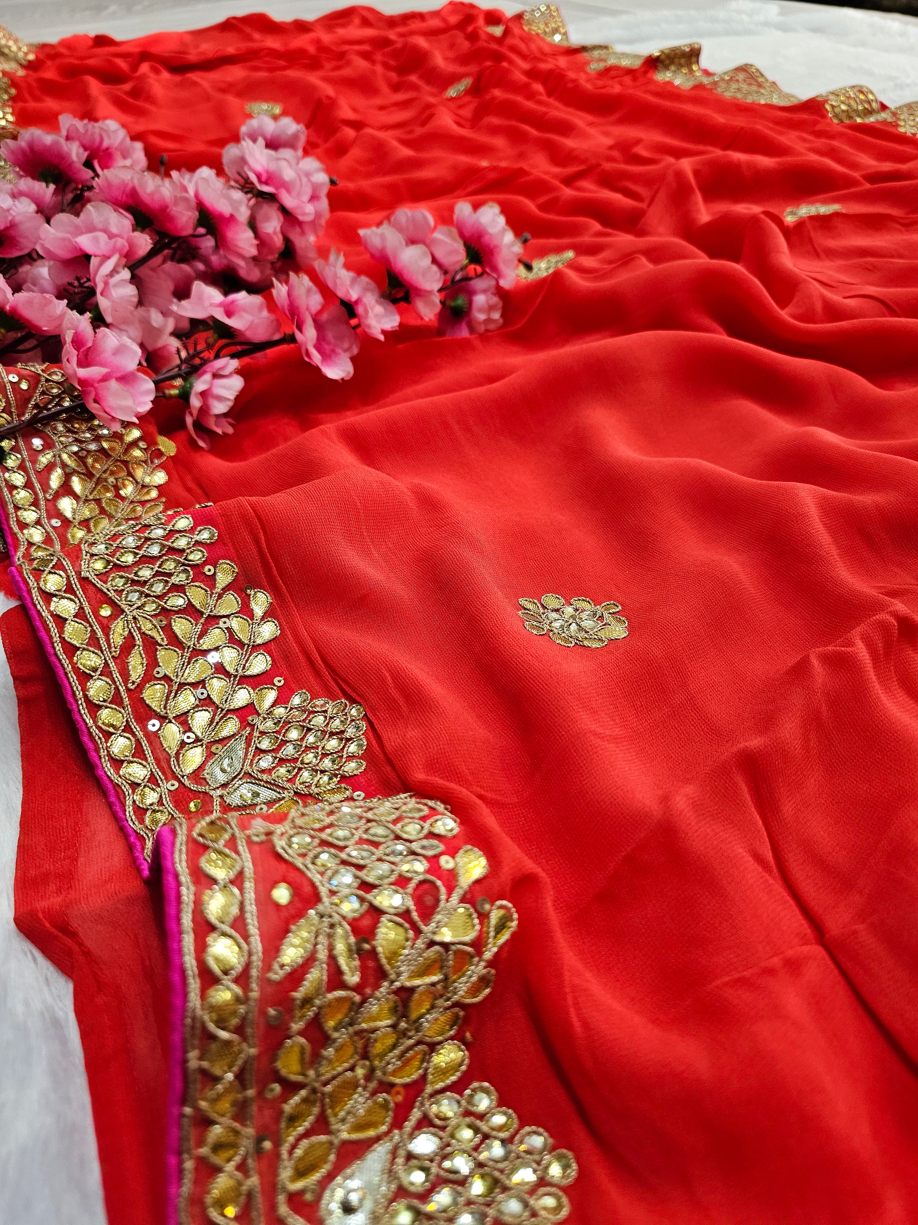 782016 Rajasthani Gota Patti Pure Georgette Saree - Carrot Red