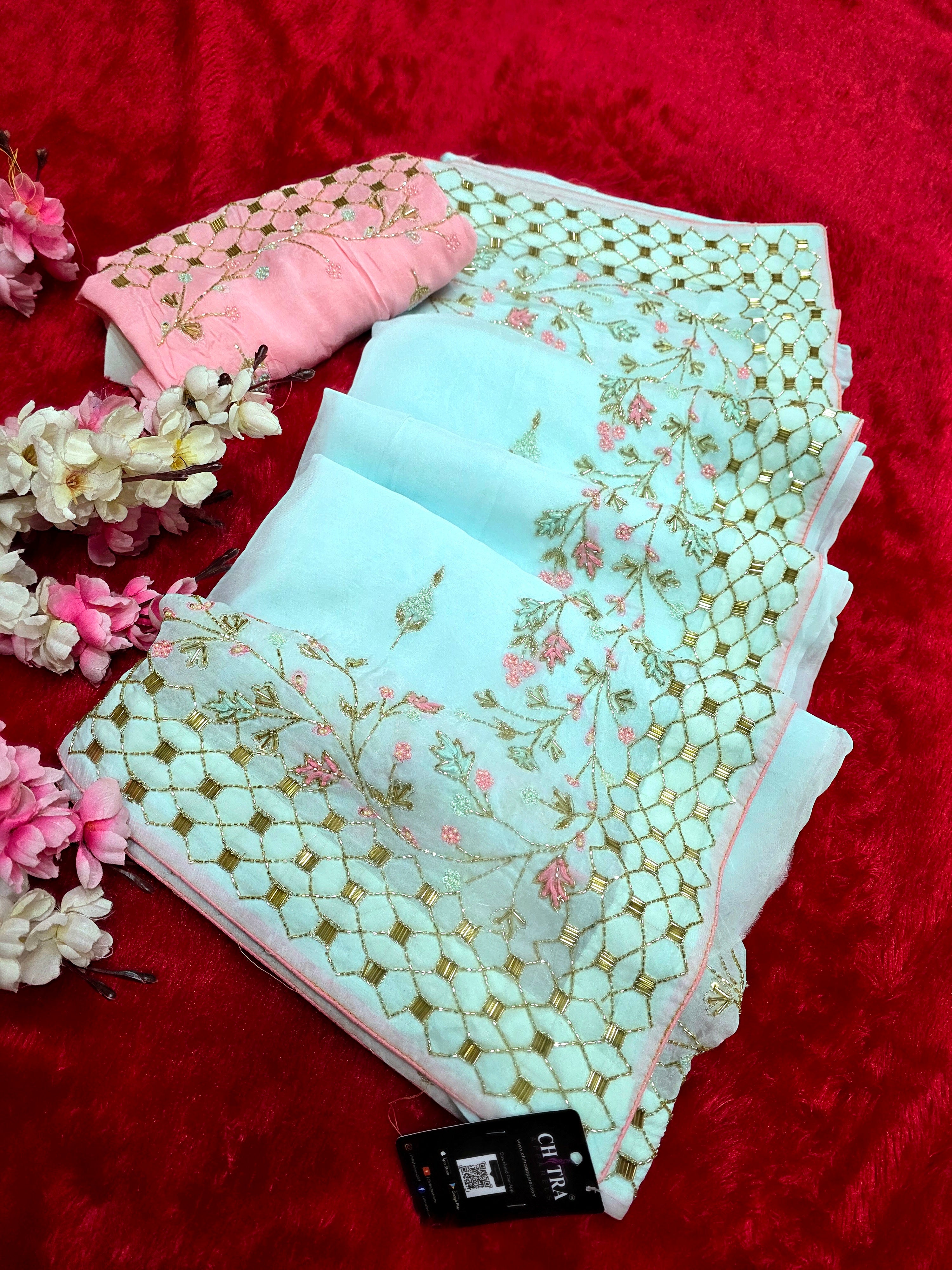 7343 Pure Soft Organza Premium Saree with Very Elegant Hand Cut dana and Zardosi Work