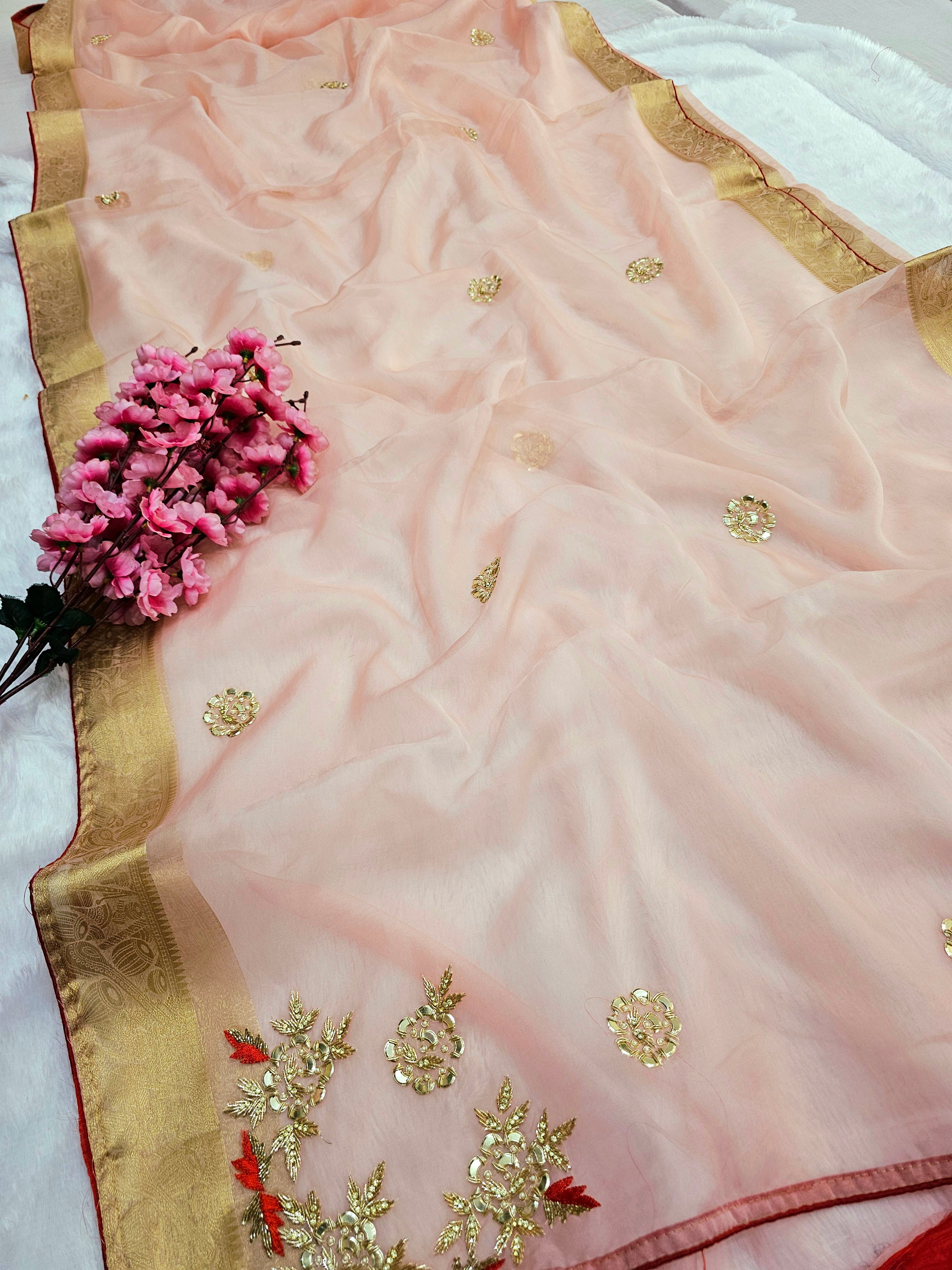 782012 Traditional Organza Saree With Hand Cutdana Work