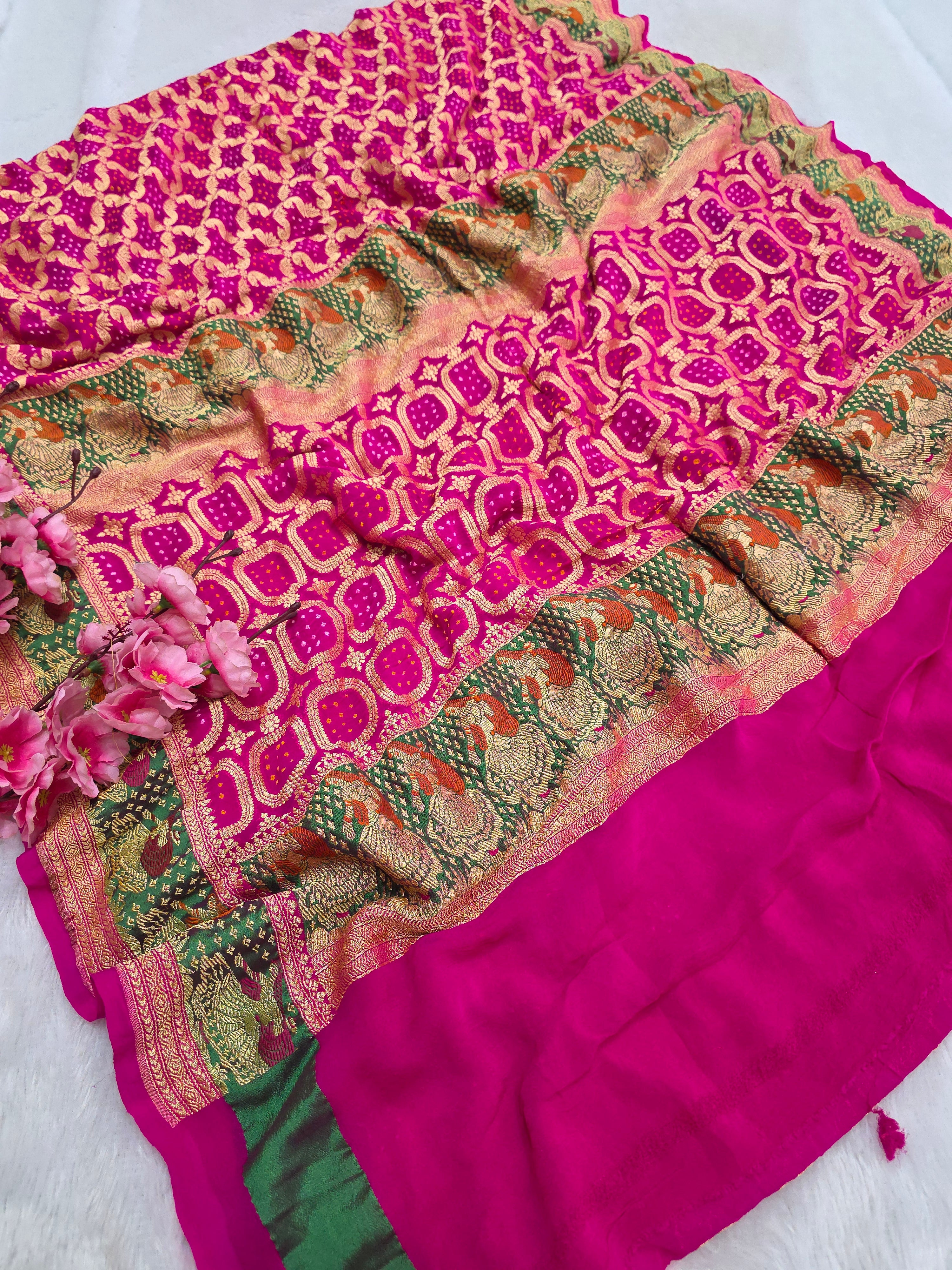 817004 Pure Georgette Hand Rai Bandhani Meenakari Pink Color Saree (C75001)