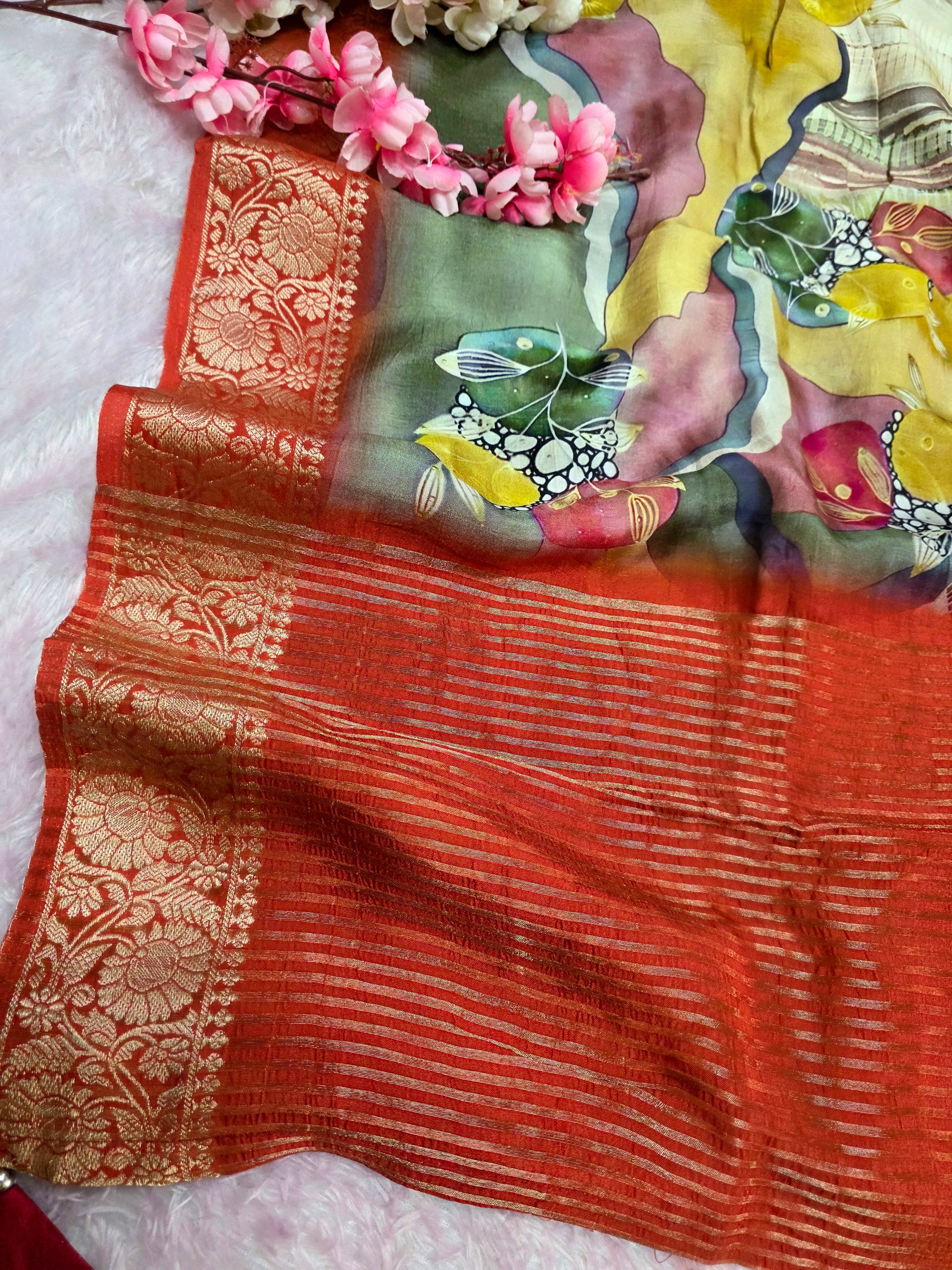 102305 Beautiful Pure Maslin Silk Flower Print Saree with Zari Weaving Border and beautiful Brocket Blouse