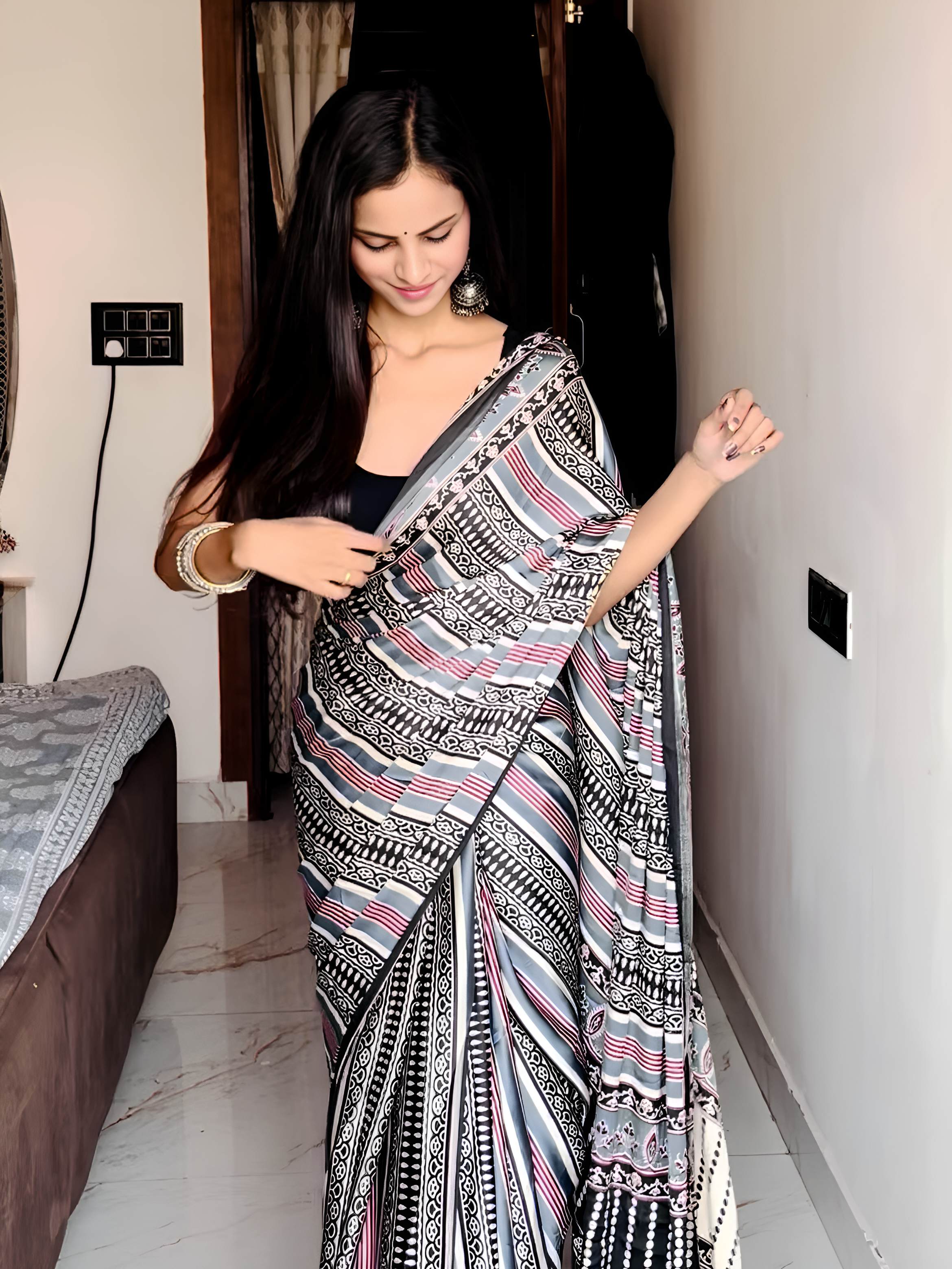 682002 Trending Ajrakh Print Semi Modal Silk Saree