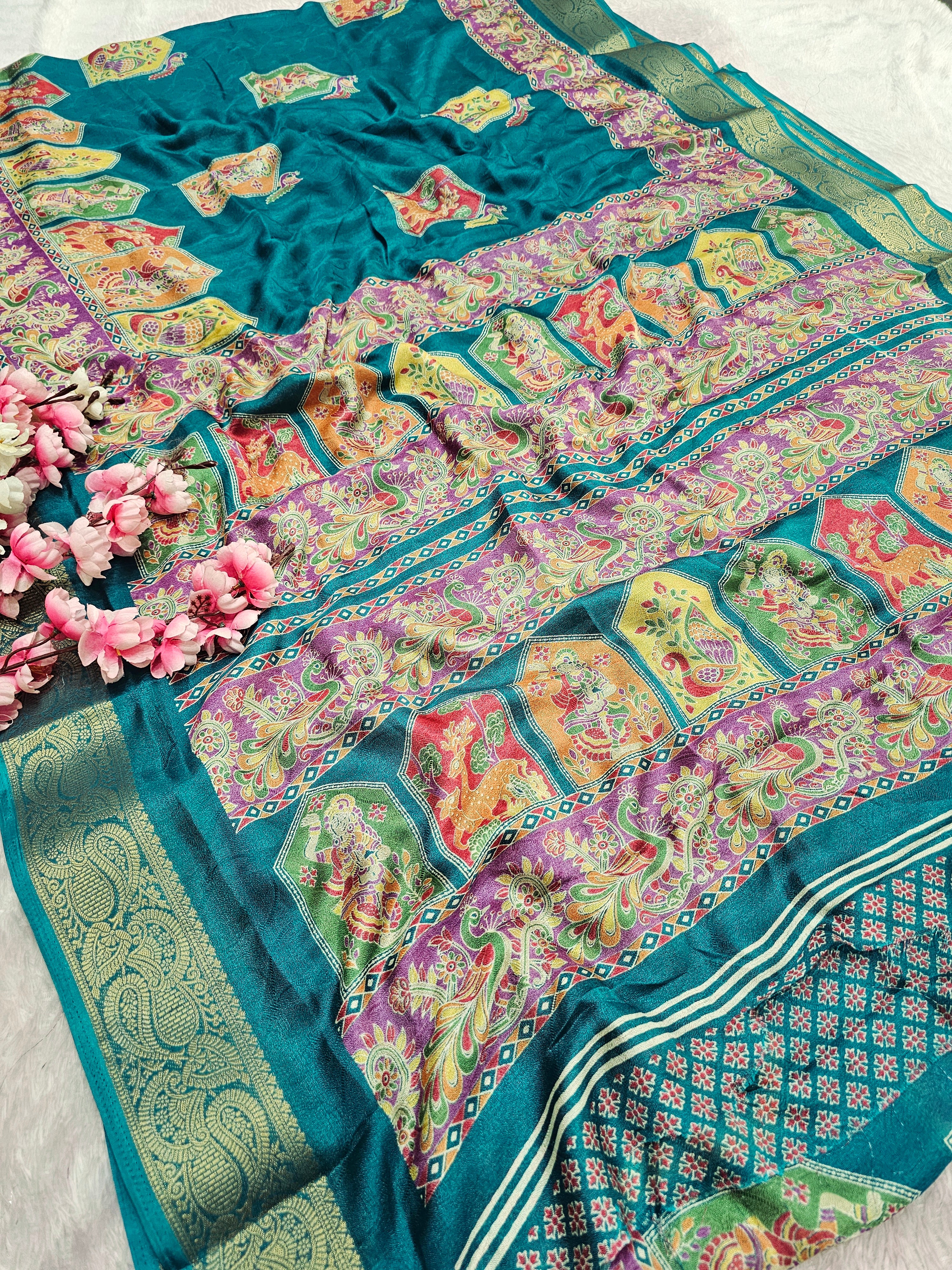 994004 Premium Kashmiri Print Self Weaving Crepe Silk Saree With Zari Weaving Border - Teal