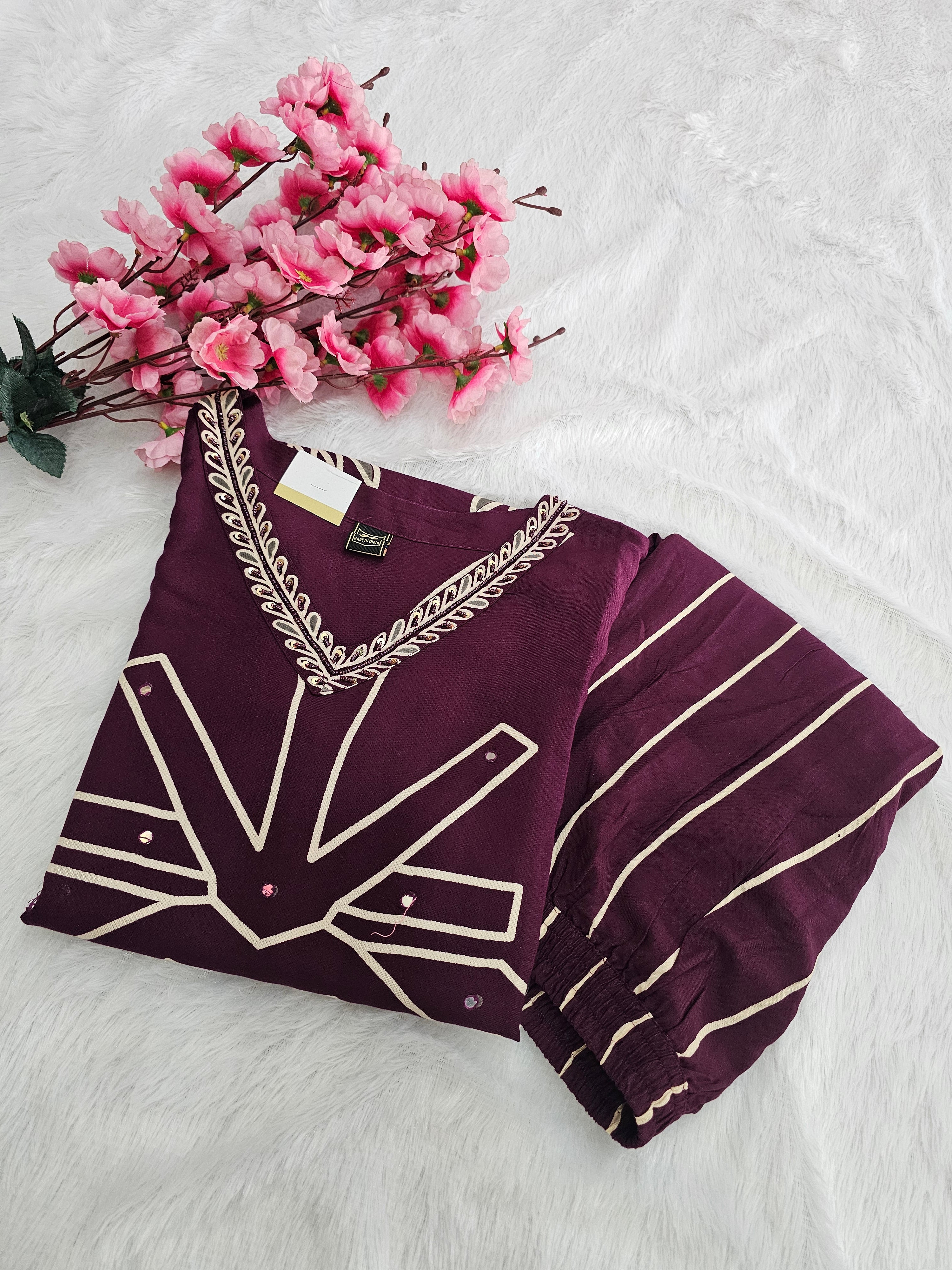 770002 Wine Color Embroidered Pure Rayon Cotton Flower Printed Straight Kurti With Palazzo