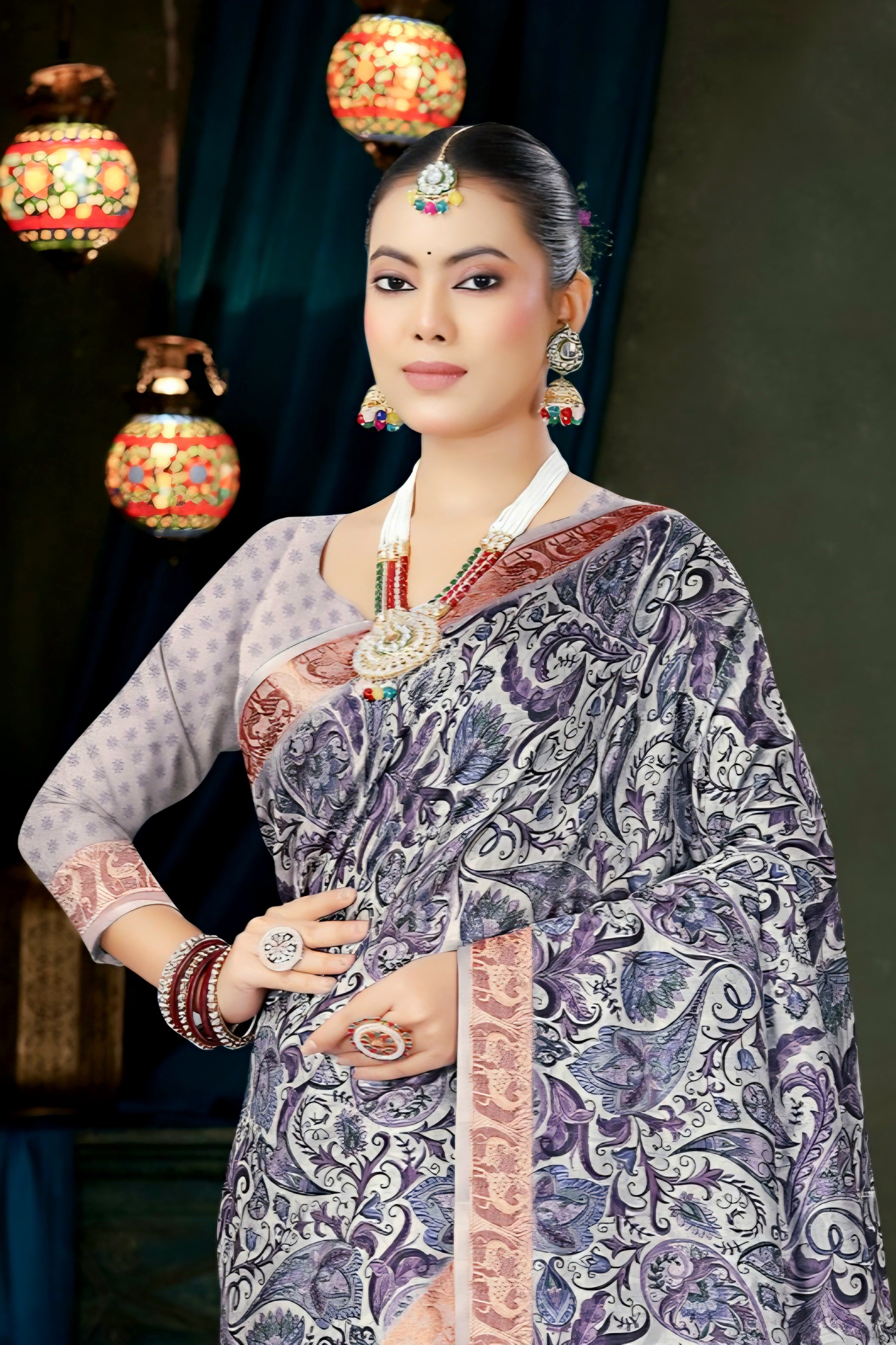 982002 Bollywood Style Soft Crepe Silk Flower Print Saree with Zari Weaving Border