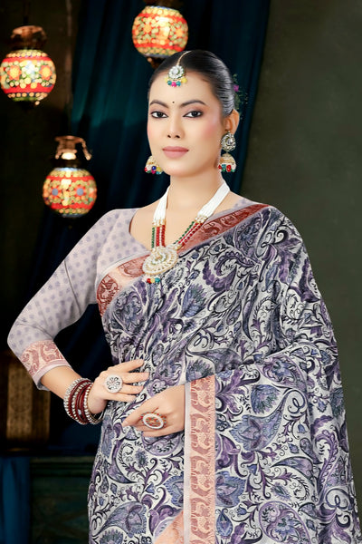 982002 Bollywood Style Soft Crepe Silk Flower Print Saree with Zari Weaving Border