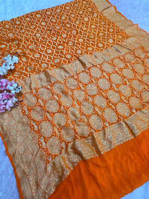 CA1529 Pure Georgette Hand Rai Bandhani Ornage Color Saree