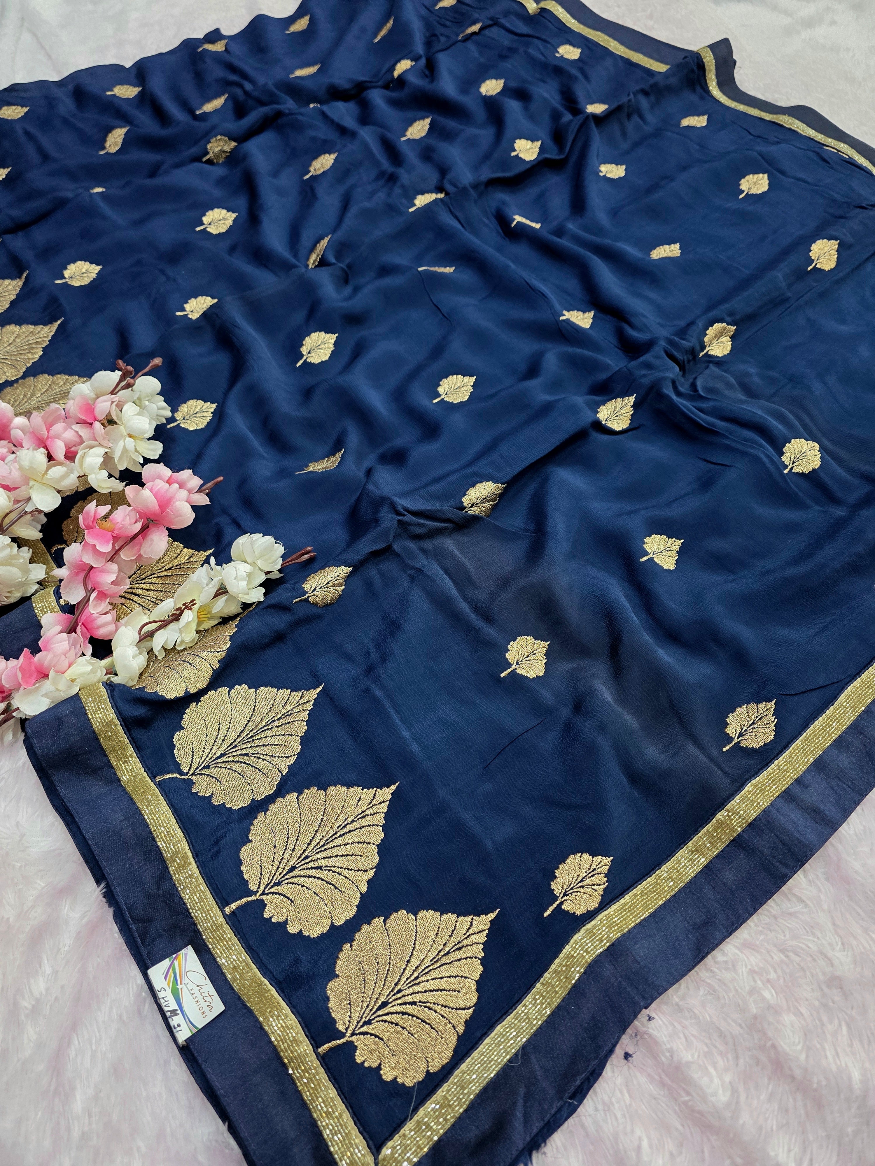 981001 Pure Chinon Silk Kolkata Zari Embroidery Blue Saree