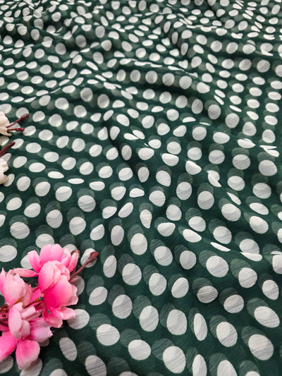 845003 Lightweight Elegant Semi Chiffon Polki Dot Print Saree - Green White
