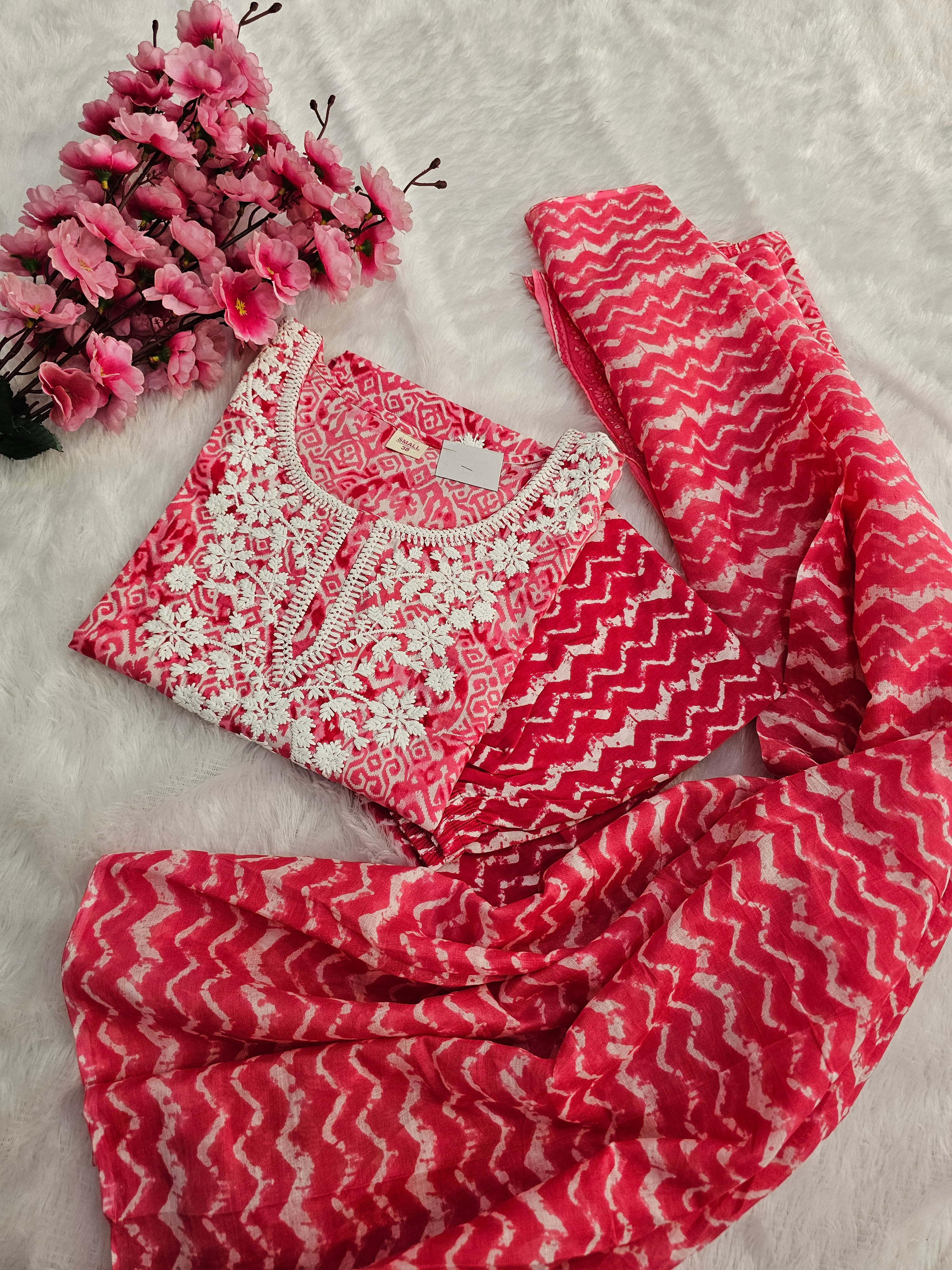 767001 Pink Color Embroidered Pure Cotton Flower Printed Straight Kurti With Pant & Dupatta