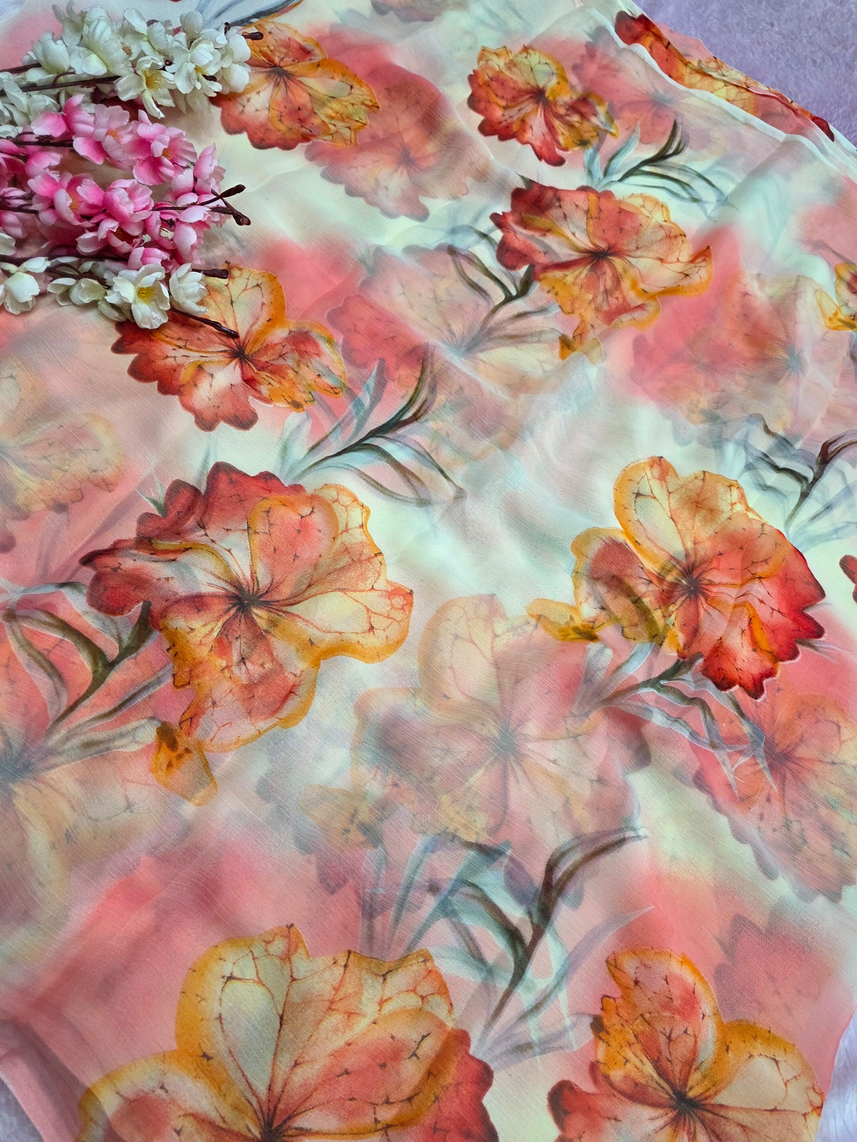 103902 Lightweight Elegant Semi Chiffon Flower Print Saree - Red