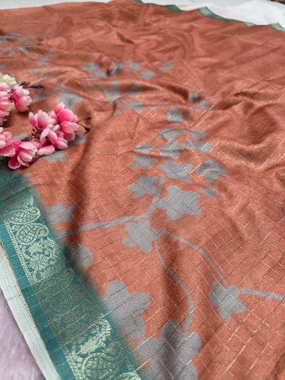102402 Exclusive Soft Viscose Silk Printed Saree with Zari Weaving Checks - Rust