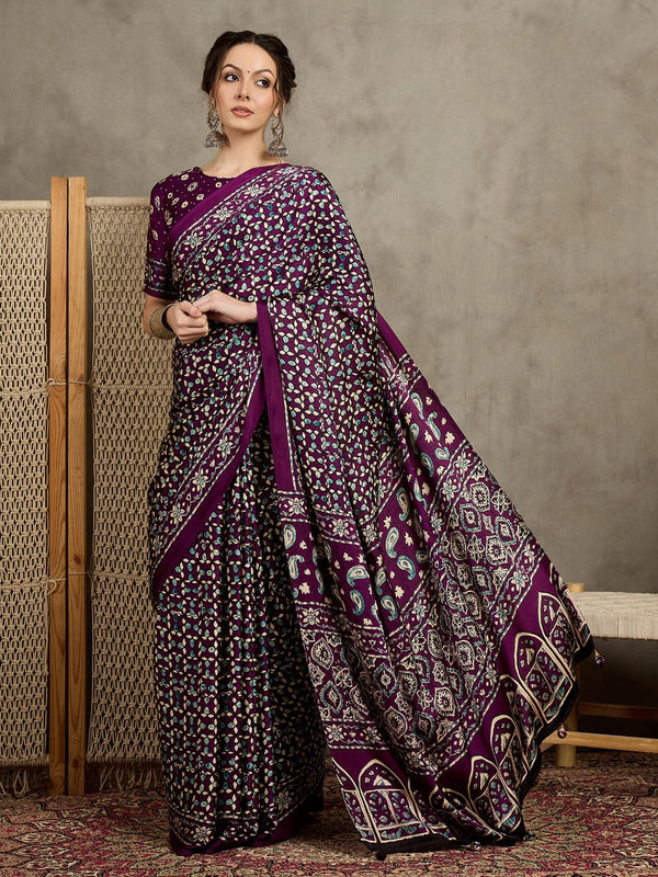 823001 Trending Ajrakh Print Semi Modal Silk Purple Saree