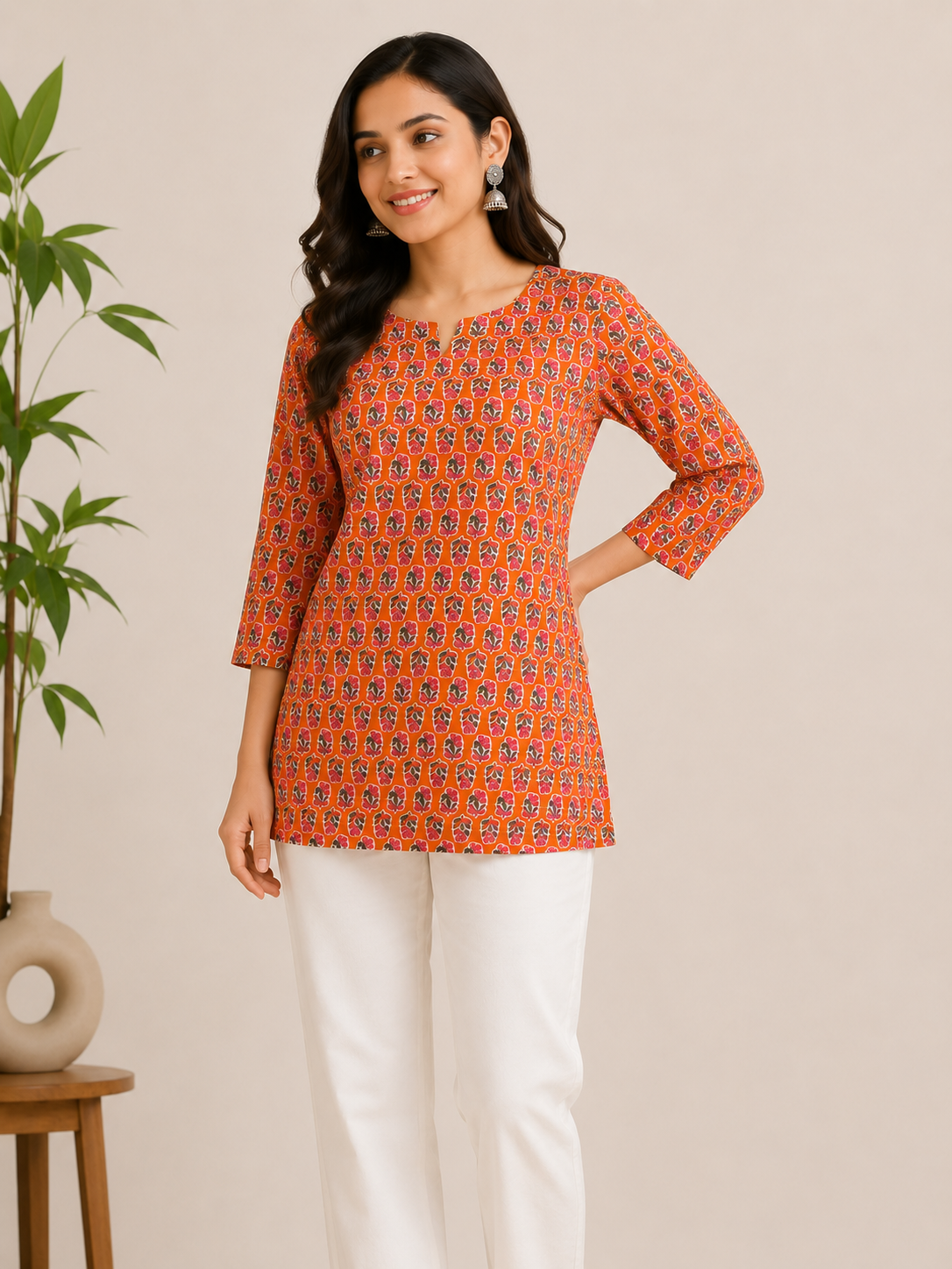 1758 Pure Cotton Hand Block Printed Shot Kurtis (Orange)