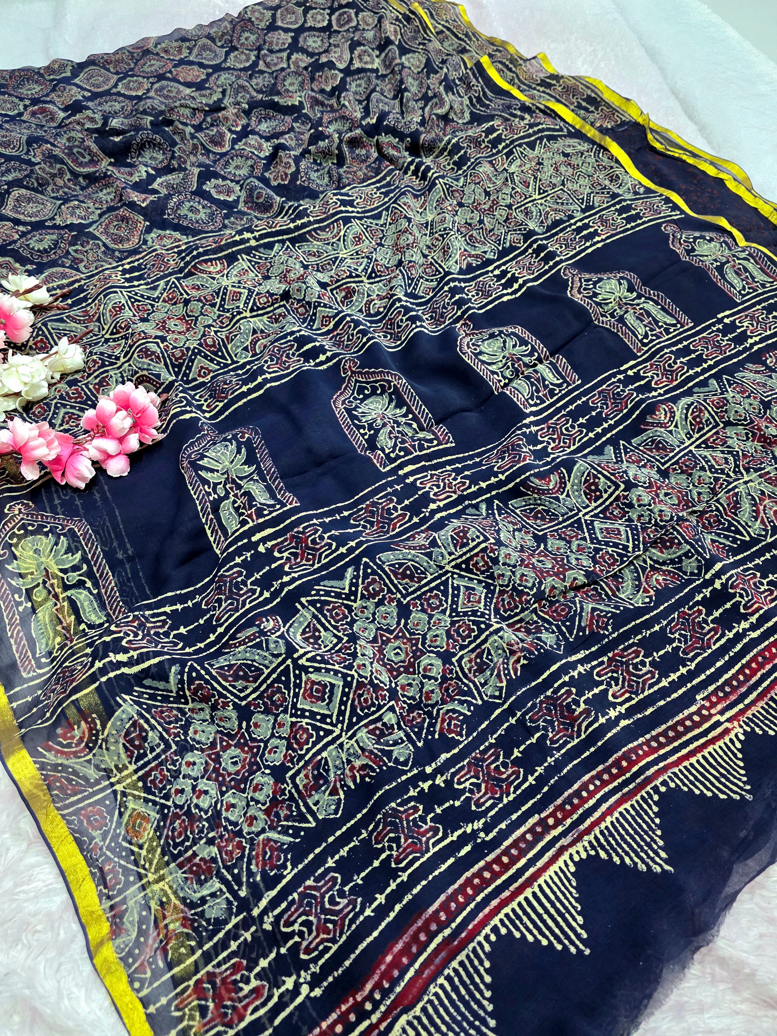 104301 Pure Rajasthani Diamond Chiffon Saree with Hand Ajrakh Print