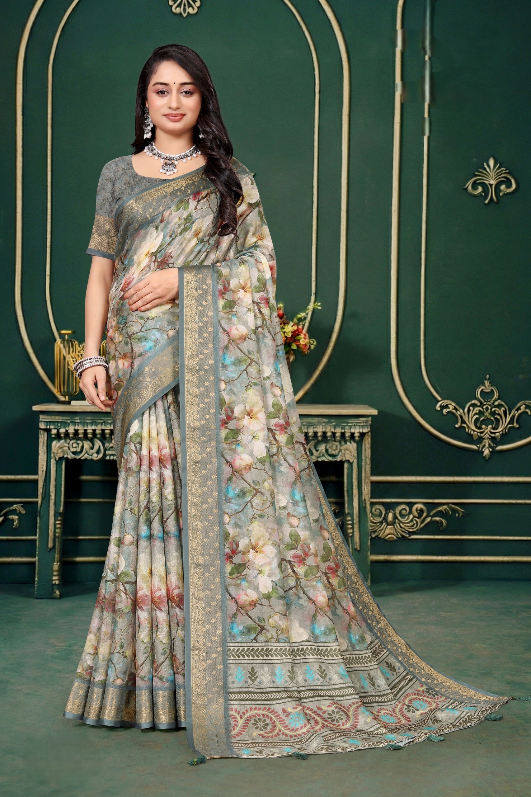 102212 Designer Soft Dola Silk Flower Printed Saree with Zari Weaving Border
