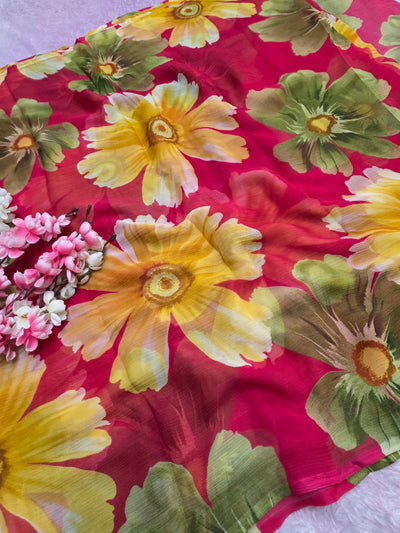 103904 Lightweight Elegant Semi Chiffon Flower Print Saree - Rani