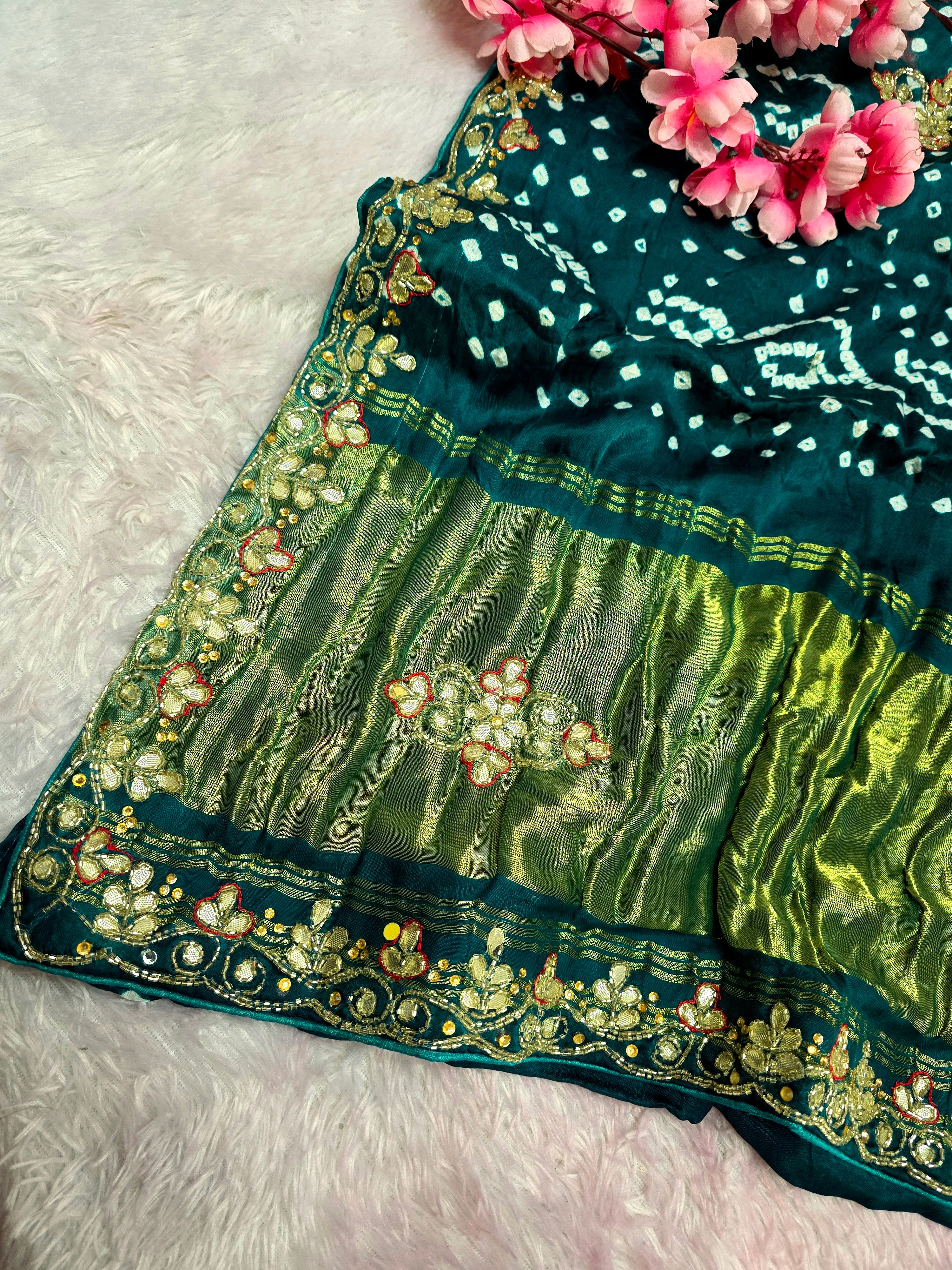 969005 Traditional Gajji Silk Bandhani Saree with Hand Gota Patti Work - Green