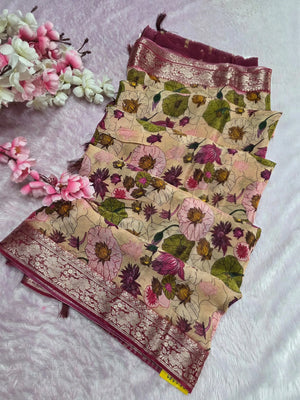 CA0989 Chitra Exclusive Pure Chinon Silk Flower Printed Saree With Zari Border