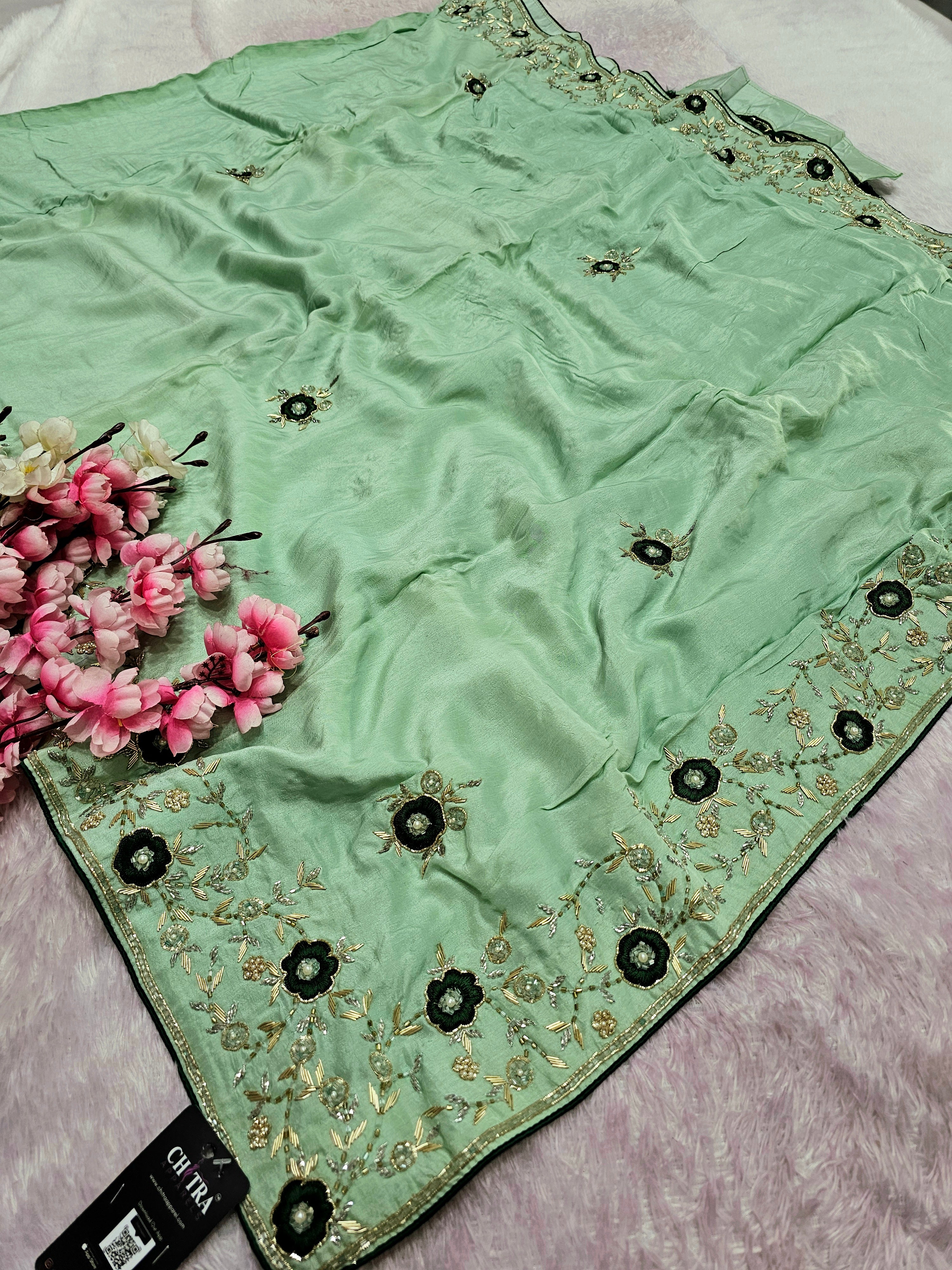 5101 Pure Russian Silk Premium Saree with Very Elegant Hand Cut dana and Zardozi Work