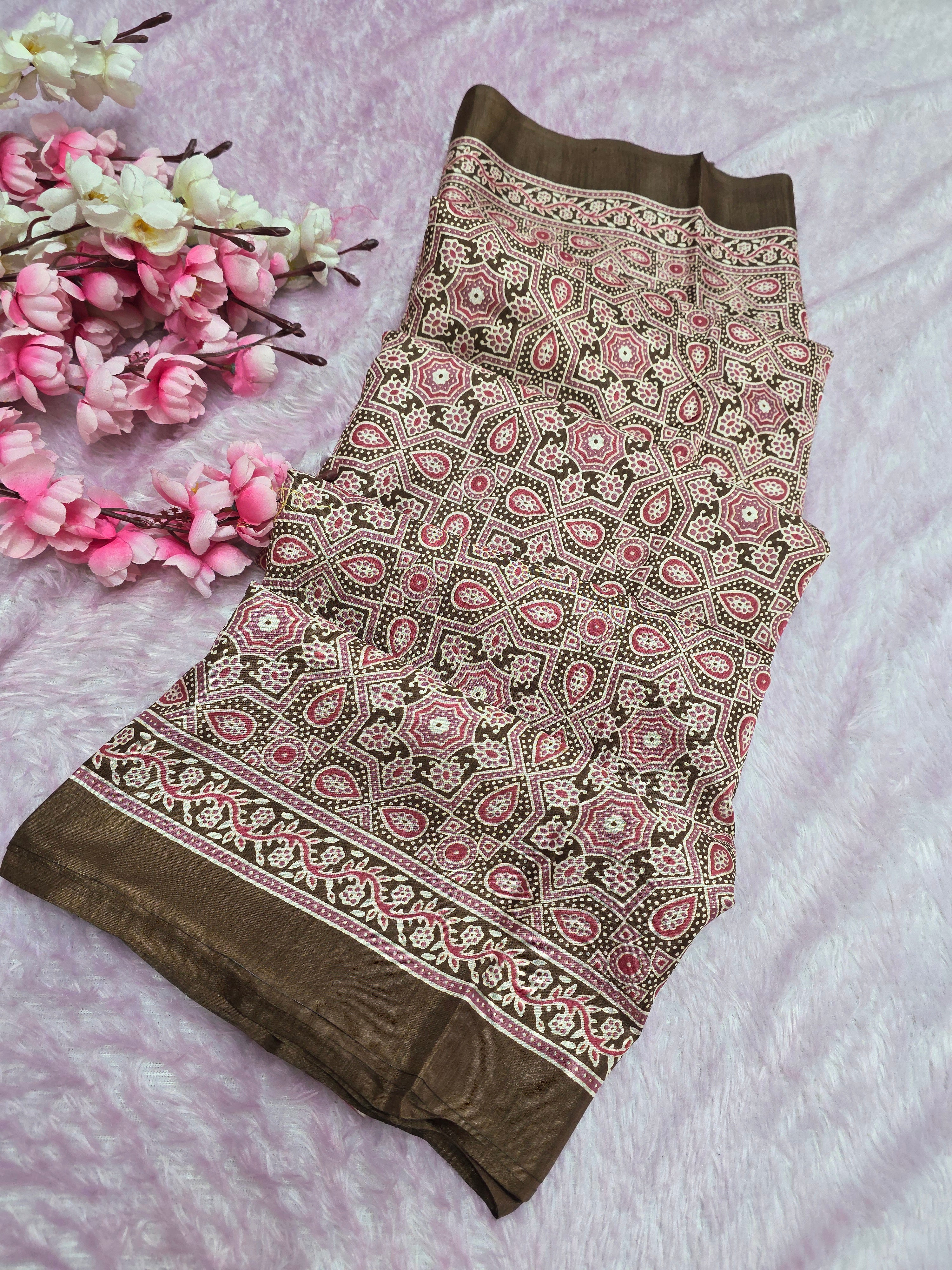 973001 Traditional Ajrakh Print Semi Dola Silk Saree - Brown